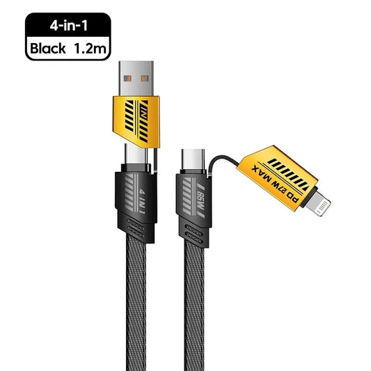65W 4 in 1 Fast Charging Data Cable | Magnetic, Nylon Braided, Multi-Port | A Port to Type-C, iPhone to USB, USB to Type-C, Type-C to Laptop - High-Speed Power & Data Cable