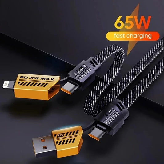 65W 4 in 1 Fast Charging Data Cable | Magnetic, Nylon Braided, Multi-Port | A Port to Type-C, iPhone to USB, USB to Type-C, Type-C to Laptop - High-Speed Power & Data Cable